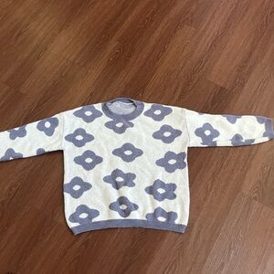 Floral Patterned Sweater in Ivory and Faded Blue